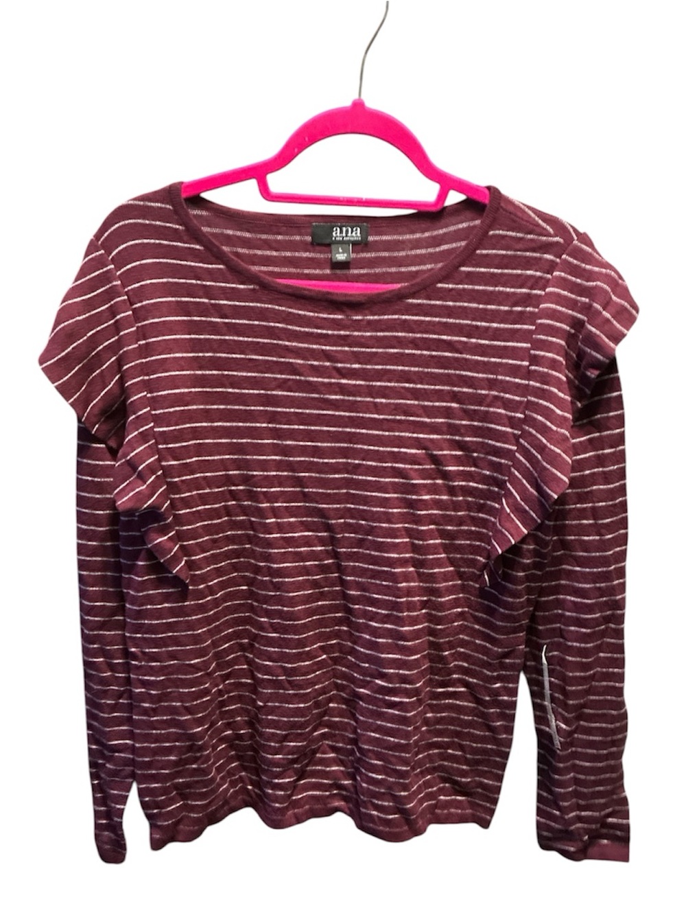 a.n.a Maroon and White Striped Long Sleeve Ruffle Tee